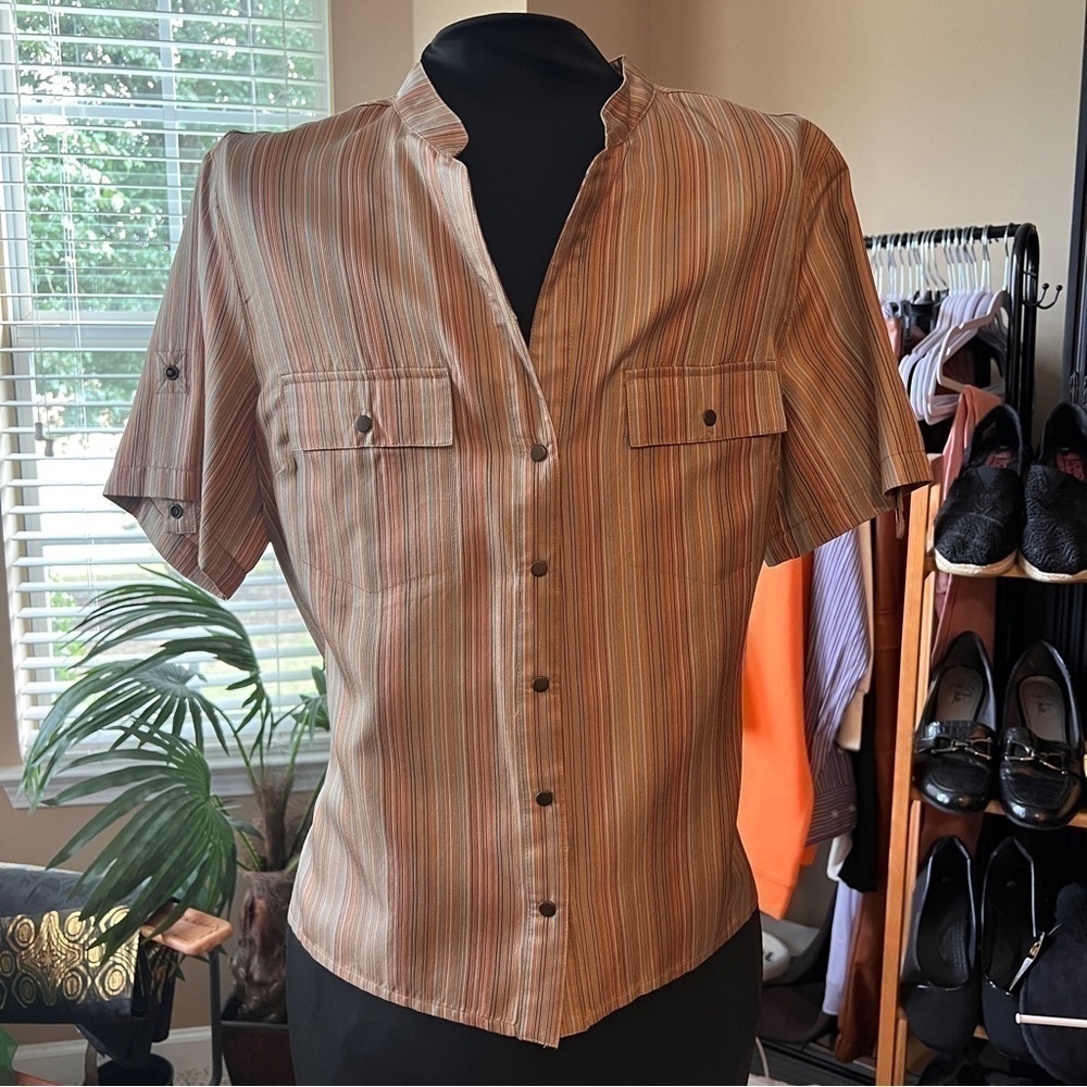 BELIZA Petite Silk Stripe Button Top Blouse M